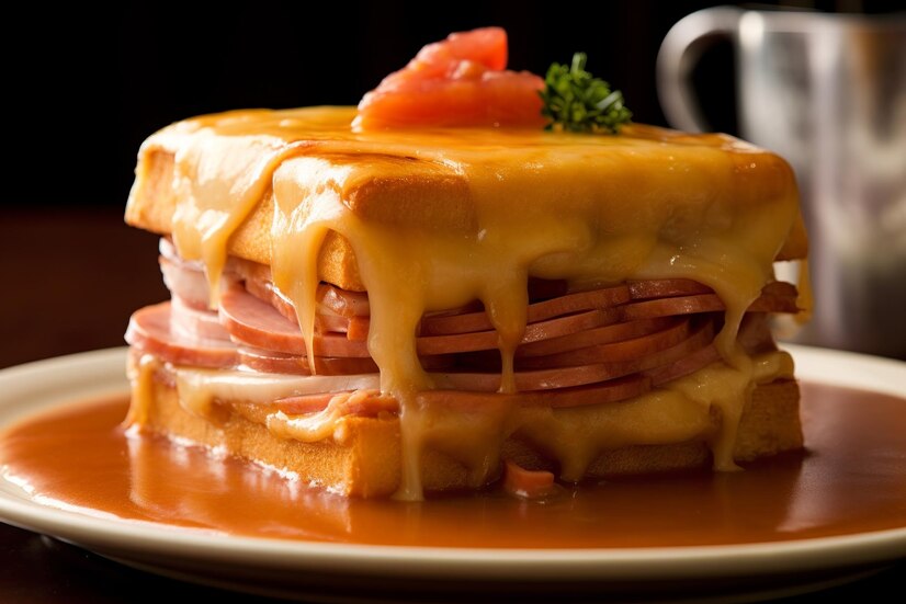 Indulge in the flavors of Portugal with a classic Francesinha, a hearty sandwich filled with steak, melted cheese, and topped with spicy tomato sauce