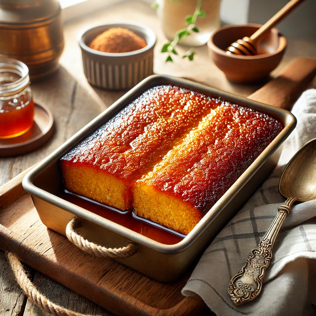 A delicious serving of malva pudding drizzled with cream, showcasing its rich, caramelized texture and golden-brown crust.