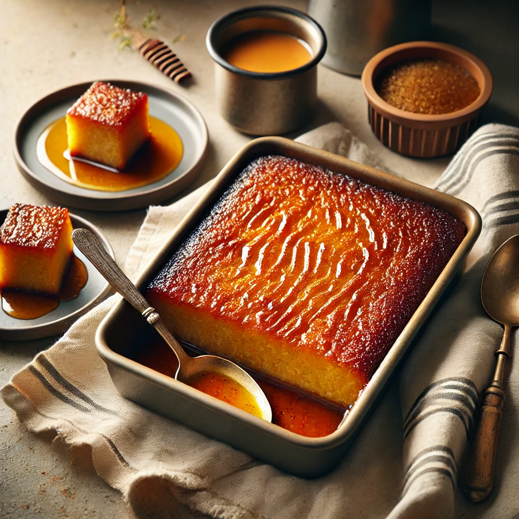 A delicious serving of malva pudding drizzled with cream, showcasing its rich, caramelized texture and golden-brown crust.